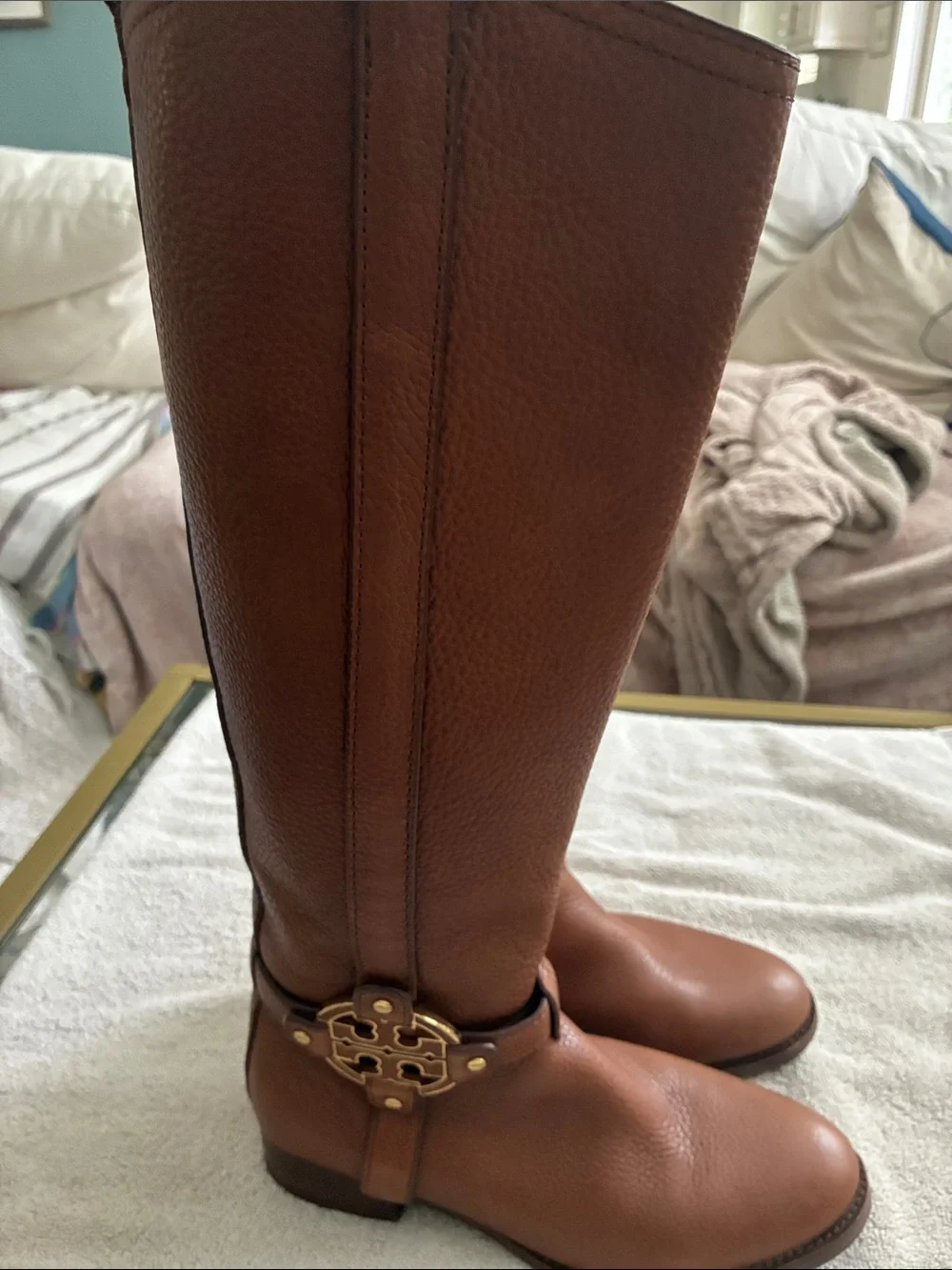 Tory Burch Cognac Pebbled Leather Tall Riding Boots with Logo Medallion